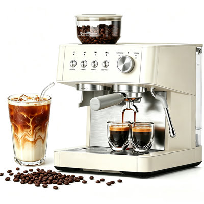 Machine à espresso 15 bars avec moulin, cafetière professionnelle avec mousseur à lait, fonction eau chaude, réservoir d'eau amovible, blanc