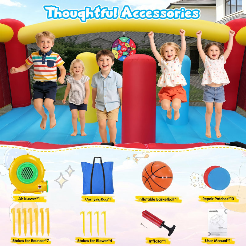 Adam 13.39X12.99Ft Extra Large Inflatable Bounce House with Blower For Big Kids, 13FT Outdoor Inflatable Bouncers With Double Basketball Hoop, Throw Ball Game, Obstacle Column, Jumping Bouncy Castle