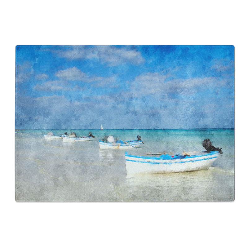 Boats on a Beach in Tunisia Painting Chopping Board, 0.4cm H x 20cm W x 28.5cm L