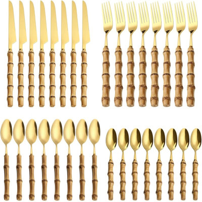 Stainless Steel Purely Natural Bamboo Handle Flatware Set Dinnerware Set 32Pcs Set 