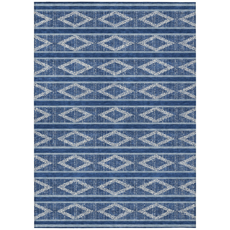 Tapis extérieur lavable à motif géométrique bleu marine et ivoire 3 pi x 5 pi