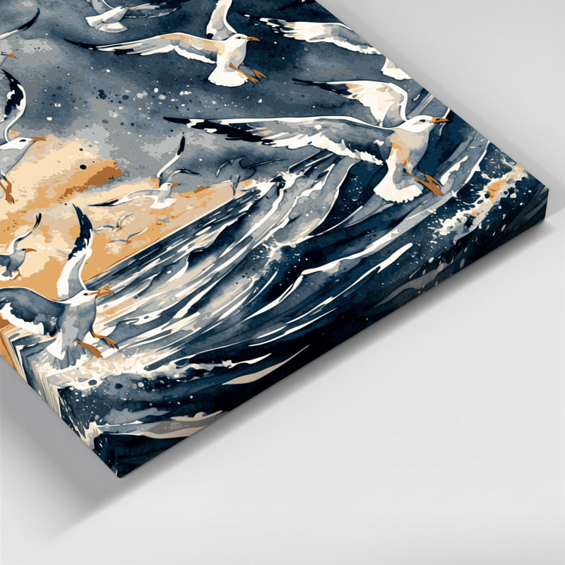 Oiseaux, goéland argenté et toile beige, H 20 po x l 24 po