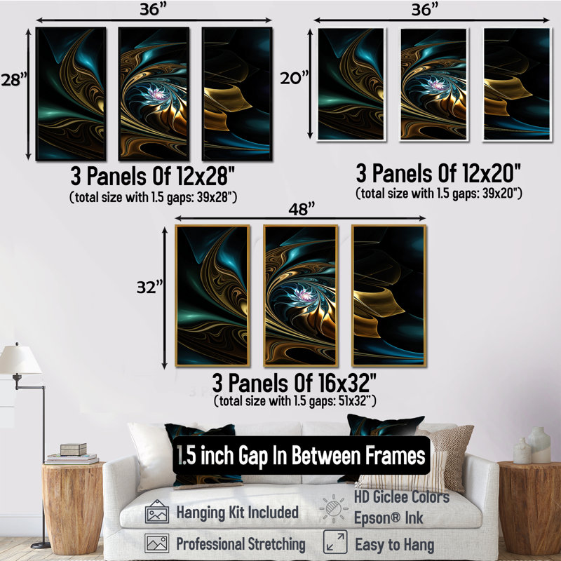 «Brown Blue Fractal Flower In Black», ensemble de 3 toiles abstraites encadrées, H 20 po x l 36 po x P 1 po, Cadre blanc