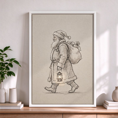 Croquis du Père Noël avec une lanterne, toile encadrée blanche, 61 x 91 cm, décoration murale moderne pour salon et chambre