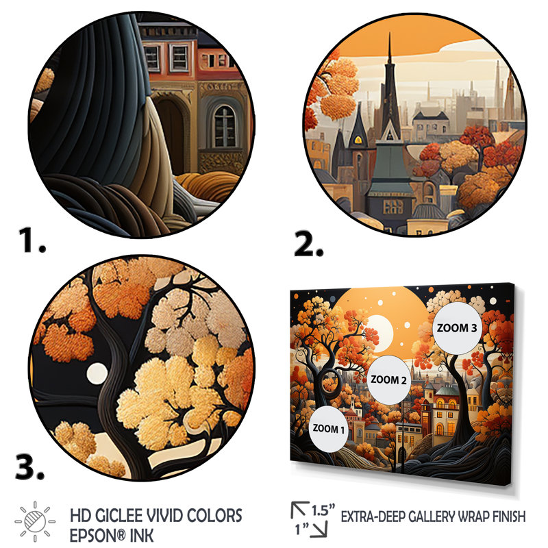 Cozy village in Autumn Moonlit V - Art mural Art déco de la ville, Cadre doré à coins fermés, H 34 po x l 44 po x P 1,5 po