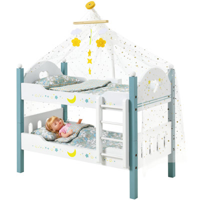 Baby doll crib, wooden detachable dolls bunk bed set, pretend play toy nursery sturdy furniture with tulle, bedding, pillow, ladder and baby mobile, fits multi‑dolls up to 20 inches, for girls ages 3+