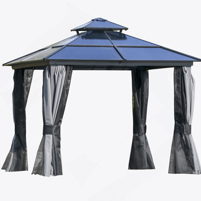 Auvent pour pavillon de jardin 10 po x 10 pi avec toit double en polycarbonate, structure en aluminium, pavillon de jardin permanent avec filet et rideaux pour patio, jardin, cour, terrasse, pelouse