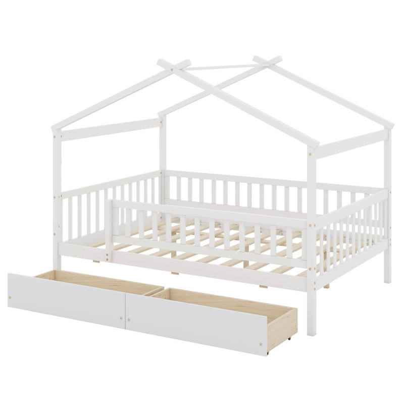 Lit en bois avec deux tiroirs, Blanc