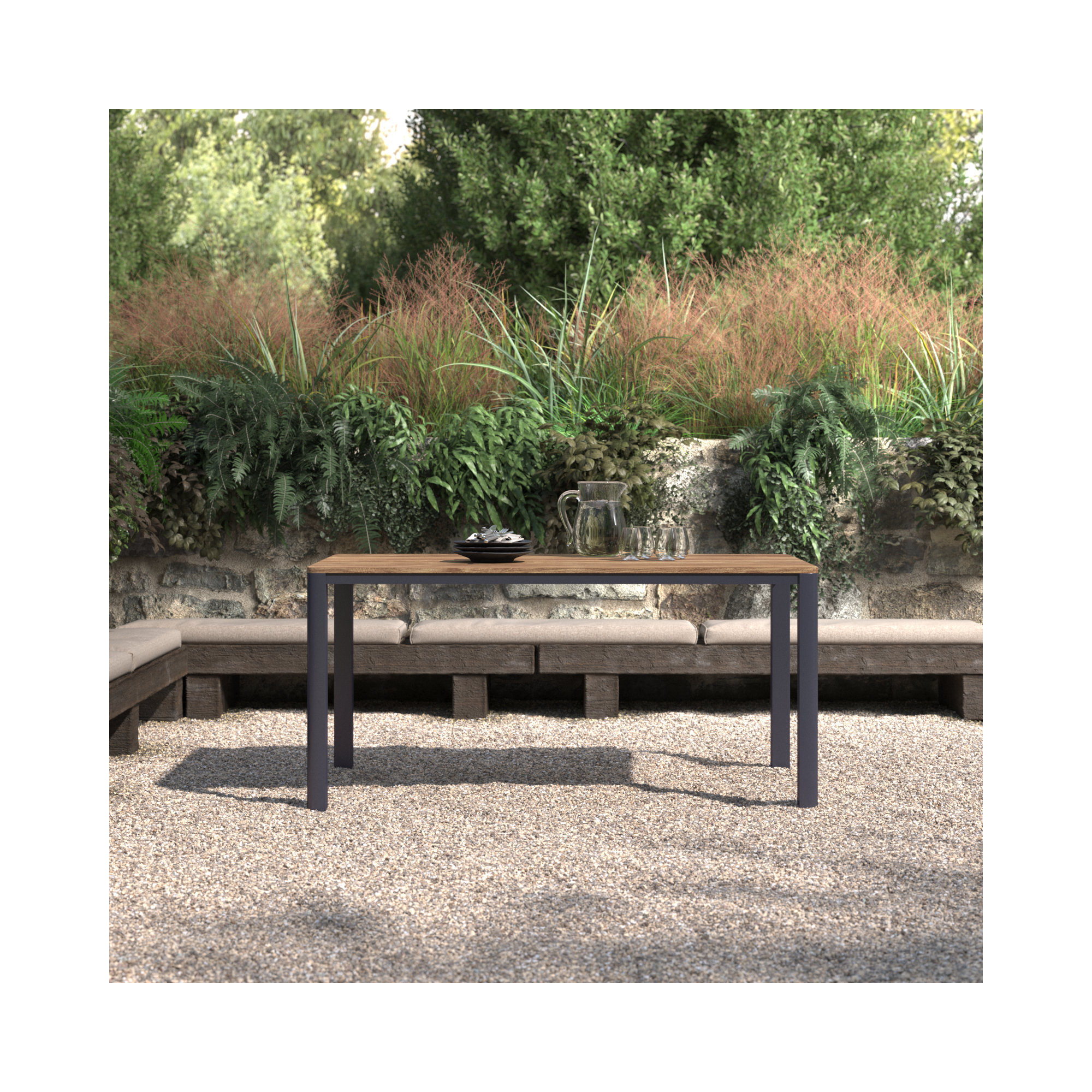 Morones Rectangular Dining Table in Solid Reclaimed Teak with Black Rounded Edge Aluminum Legs, 35.5" W x 63" L x 30.3" H