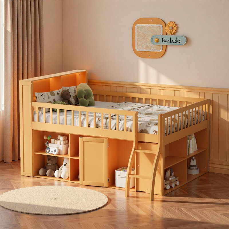 Lit mezzanine peu encombrant avec tablettes de rangement, tête de lit avec lumière DEL, Grand lit, Naturel
