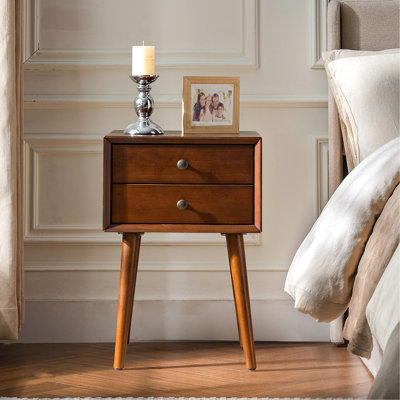 Small Side End Table With 2 Drawers, Walnut Nightstand - Angled Design, Brass Hardware, Two Tier Storage, Space Saving, 15 Minute Build Workflow