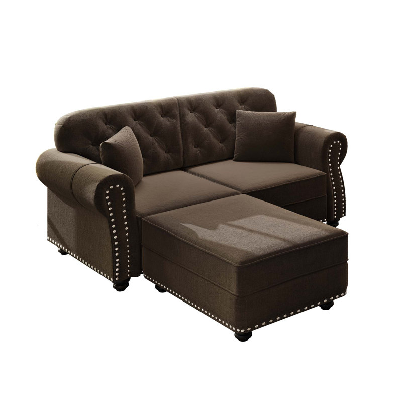 Canapé Chesterfield en velours avec garniture cloutée et capitonnage à boutons, Brun