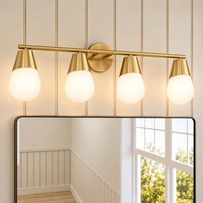 Applique murale moderne de 81,5 cm (32,13 po) à 4 lumières, couleur or chaud, avec abat-jour en verre opale, idéale pour la salle de bain, la chambre et le dressing.
