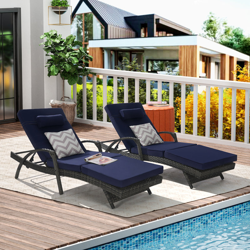 Outdoor Wicker Long Reclining Chair Set of 2 with Cushions, Dark Blue