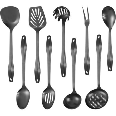 Ensemble d'ustensiles de cuisine en acier inoxydable de qualité supérieure 9 pièces - Outils de cuisson résistants aux hautes températures avec conception suspendue et lavable au lave-vaisselle
