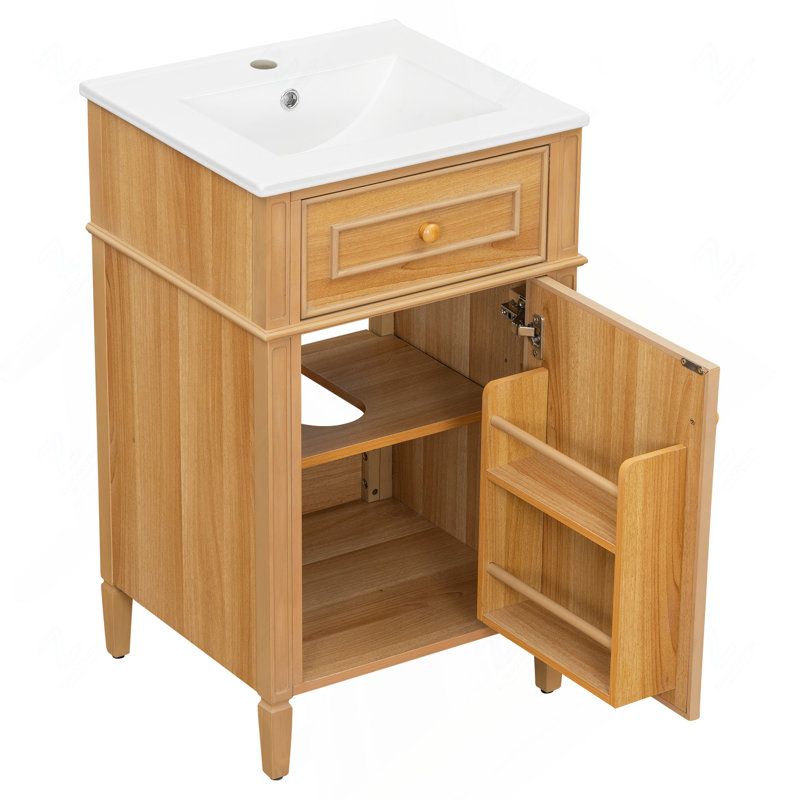 Meuble-lavabo de 20 po en bois avec lavabo, pieds en bois massif, tablette réglable, tiroir inclinable, meuble autoportant moderne en bois pour petite salle de bain