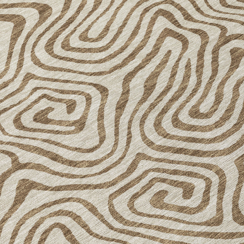 Beige and Brown Swirl Pattern Washable Synthetic Rug 5' x 7'