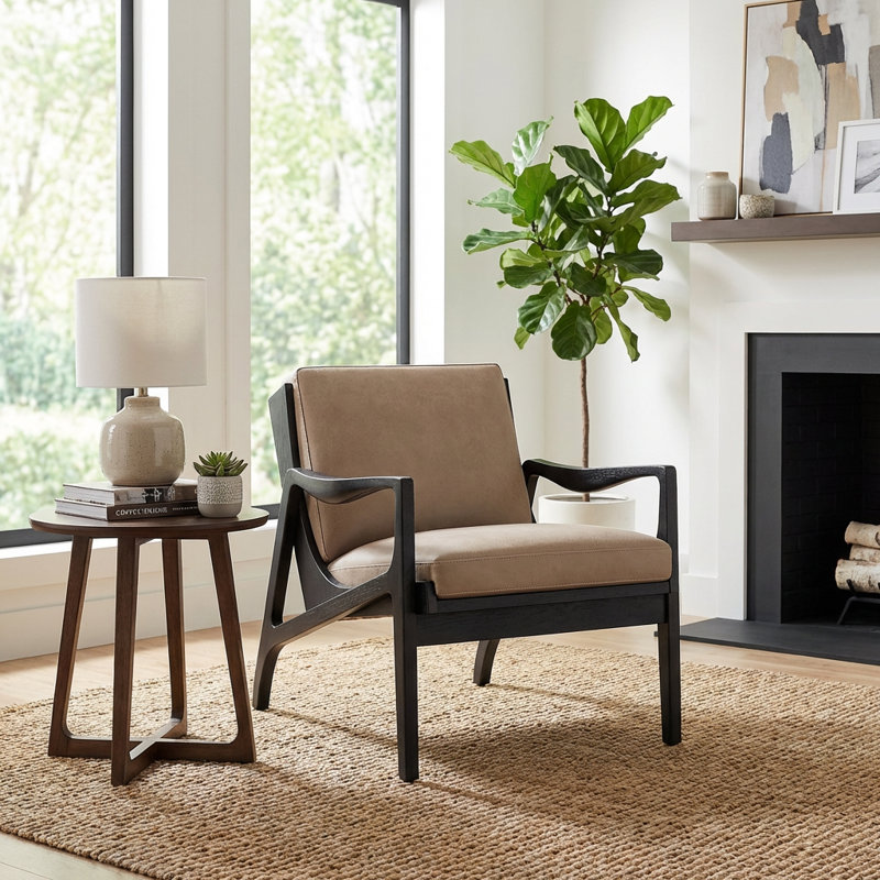 Mid-Century Modern Leather Accent Chair With Solid Wood Frame, Lounge Armchair, Gray Genuine Leather, Black