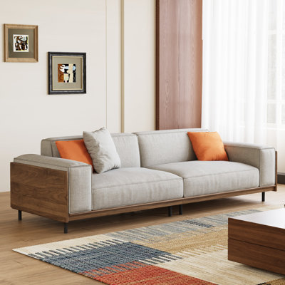 82.67 Inch Mid Century Modern Sofa 3 Seater Wood Frame Couch with Removable Washable Covers and 3 Throw Pillows Deep Seat Furniture for Living Room Apartment Office Grey
