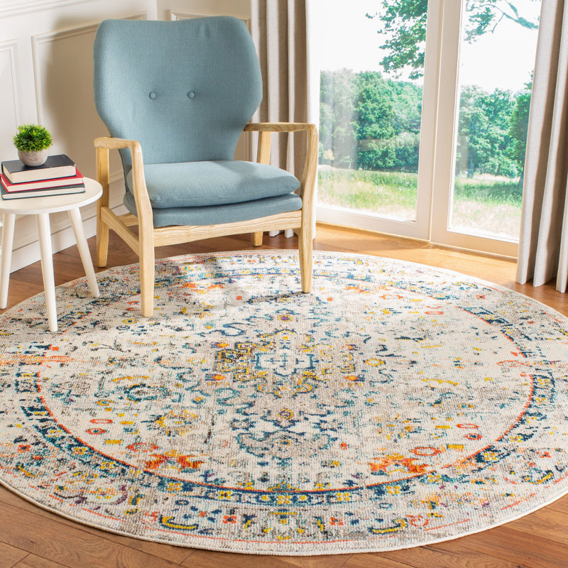 Felty Oriental Cream/Blue Area Rug, Round 5'