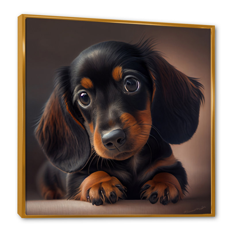 Mignon chiot teckel - impression de chien teckel, H 30 po x l 30 po x P 1 po, Toile avec cadre flottant or