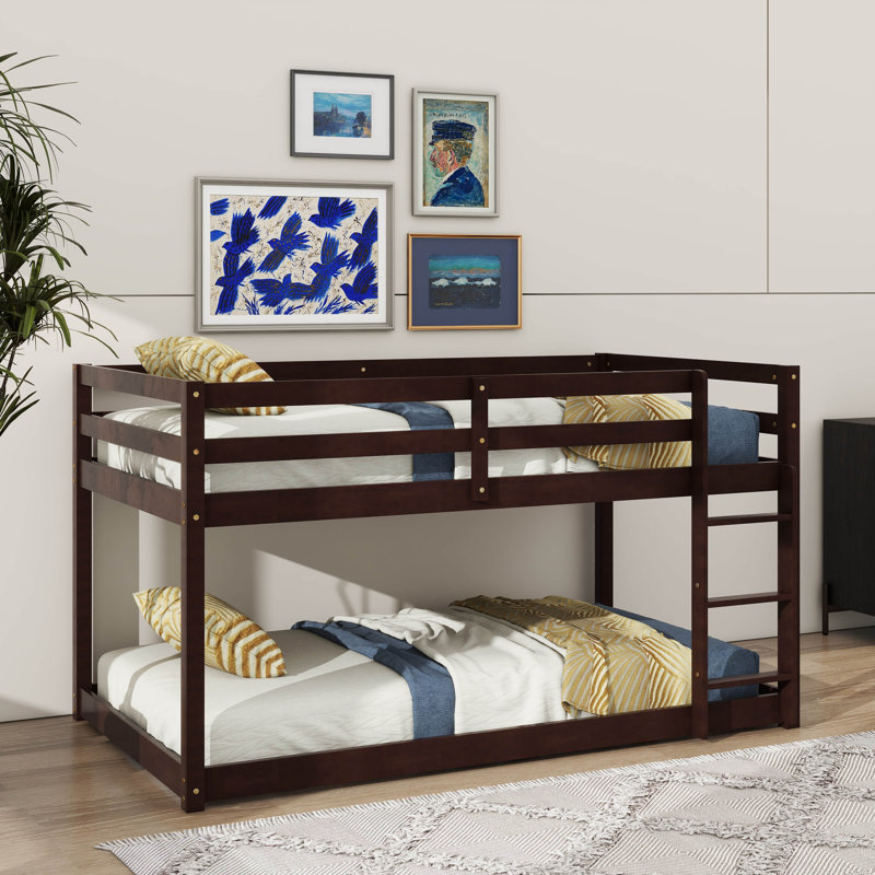 Rubber Wood Twin On Twin Ground Bunk Bed Equipped With Ladder, Espresso