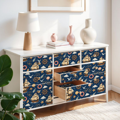 Peel and Stick Wallpaper for Kids Contact Paper Nautical Sailing Ships Anchors Shells Seagulls Blue Self Adhesive and Removable 17.7in x 118in(45x300cm)