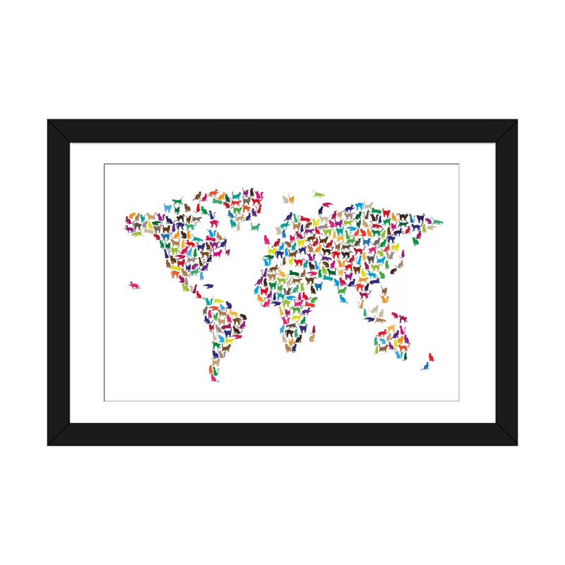 « chats world map »-impression sur toile tendue Karlskrona, H 24 po x l 32 po x P 1 po, Papier d'art encadré noir, Blanc