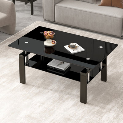 2 tables basses en verre trempé, option élégante pour divers espaces, 40,38 po x 23,29 po x 17,72 po, surface transparente, table de thé contemporaine noire à 2 couches avec guide d'assemblage pour différentes pièces, aspect transparent,
