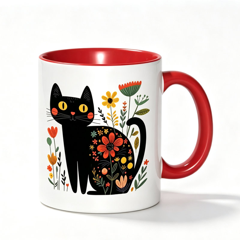 1pc Black Cat & Floral Vibrant Autumn Colors Logo Ceramic Coffee Mug Coffee Cup Tea Mug Christmas Gift for Leisure Time perfect for relaxation.