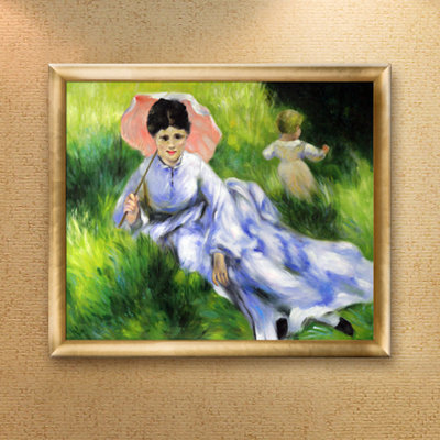 "femme avec un parasol et un petit enfant sur un hillside sunlit par renoir, peinture encadrée