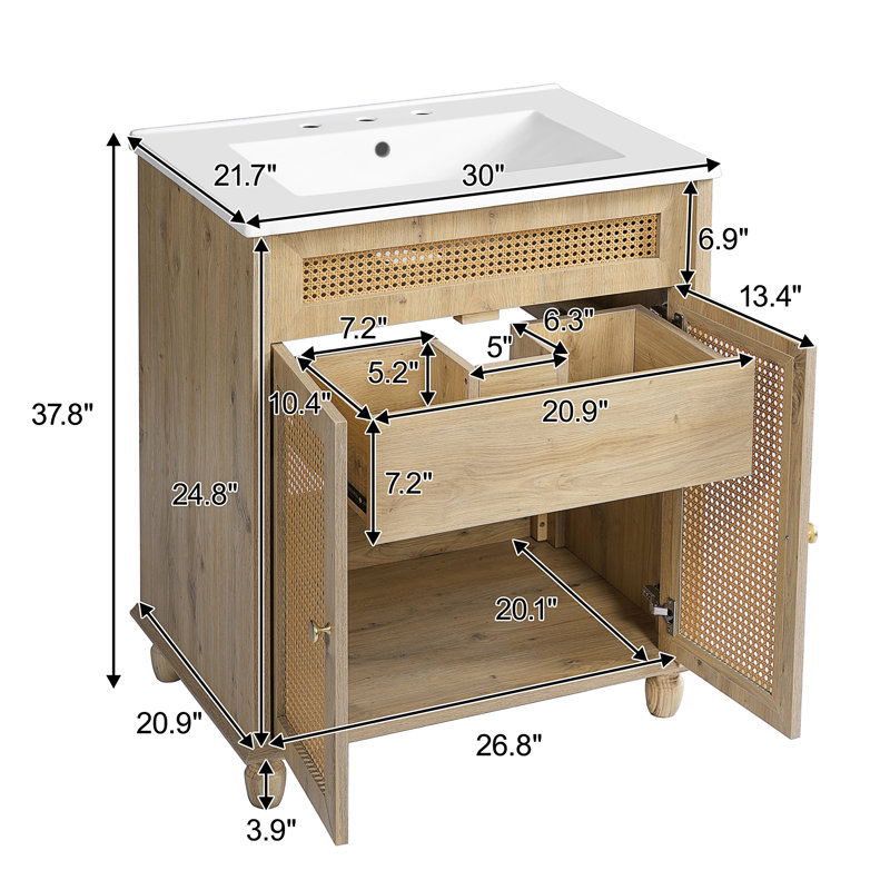 Meuble-lavabo de 30 pouces: portes en rotin tissées à la main