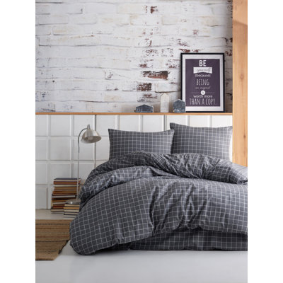 Ensemble de housse de couette 100% coton double Ranforce, anthracite | Housse de couette 78,7 po x 86,6 po, drap plat 94,5 po x 102,4 po, 2 taies d'oreiller 19,7 po x 27,6 po | Lavable à la machine, 142 fils au pouce, fermeture à boutons pour couette, e