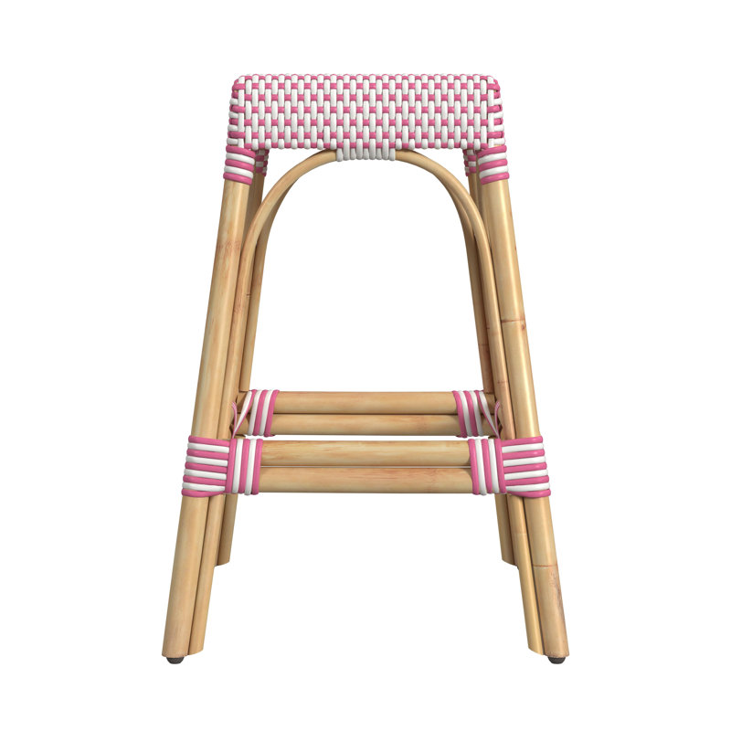 Robias Rattan Bar & Counter Stool, White/Pink Dot/ Natural Rattan Frame, Counter Stool (24.5" Seat Height)