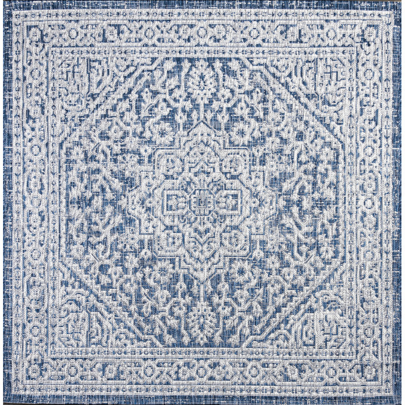 Moten Medallion Textured Weave Navy/Gray Indoor/Outdoor Rug, Square 9'