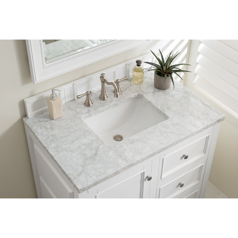 De Soto 36'' W Single Vanity, Bright White, Carrara White Marble, 8" Widespread