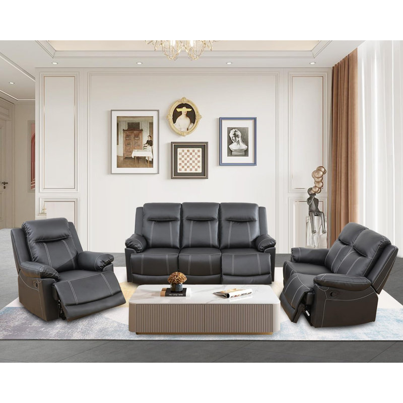 3-Piece Manual Reclining Living Room Sofa Set, Black