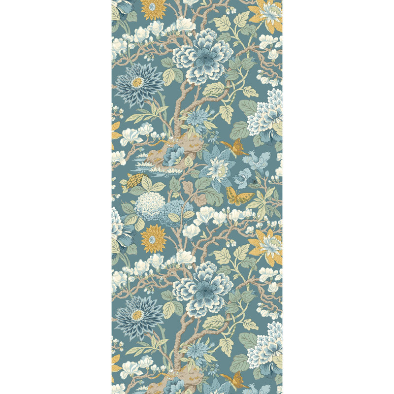 Floral 32.82' L x 20.49" W Wallpaper Roll, Denim/Ochre