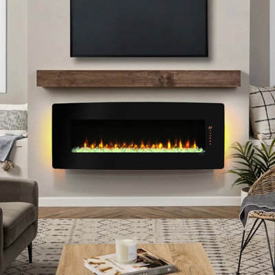 Antique Black Electric Fireplace With Curved Front - 1400w Heat, 4 Flame Colors, 8 Ember Bed Adjustable Backlight, Wall Mounted 48 Inch 5000 /h Brightness, Remote Included, Powder Coated