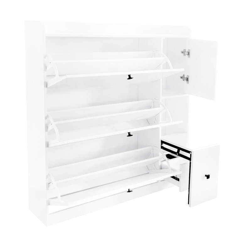 Space Shoe Rack With Pull-down Seat And 3 Drawer Containers, White Freestanding Cabinet Adjustable Drawers Seat,, White