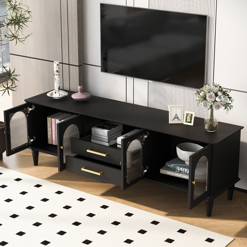 Eesa  TV Stand With Fluted Glass Doors, 2 Drawers And 2 Cabinets, Black