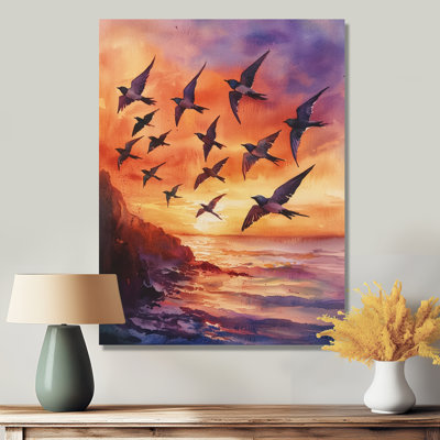 Lavender Swallows Birds At Sunset I - Bird Metal Wall Decor, Modern Metal Art Print