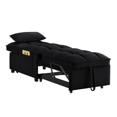 4 In1 Multi-Function Single Sofa Bed With Storage Pockets,Tufted Single Pull-Out Sofa Bed With Adjustable Backrest And Pillows ,Convertible  Chaise Lounge,Black