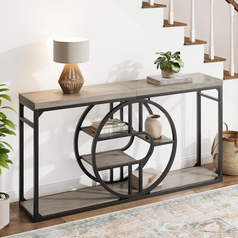 Table d'entrée 55 po, console étroite à 5 niveaux avec structure en métal en forme de o, Gris