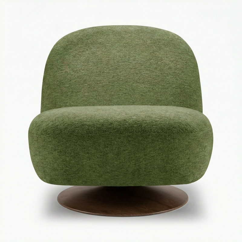 Tava Upholstered Swivel Accent Armchair - Stylish Retro Inspired Curved Cushion, Green/Walnut