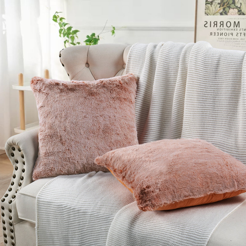 Heavy Faux Fur Throw Pillow Cover, Burnt Orange, 20' H x 20' W
