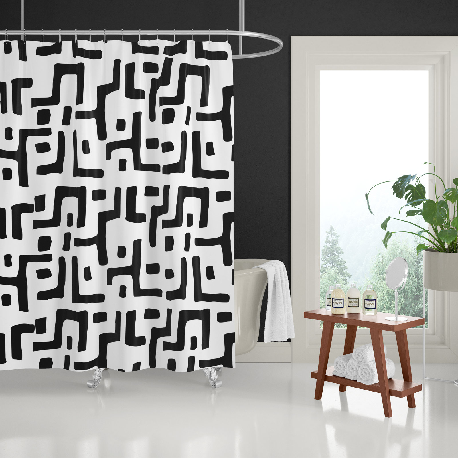 Polyester Shower Curtain, White/Black