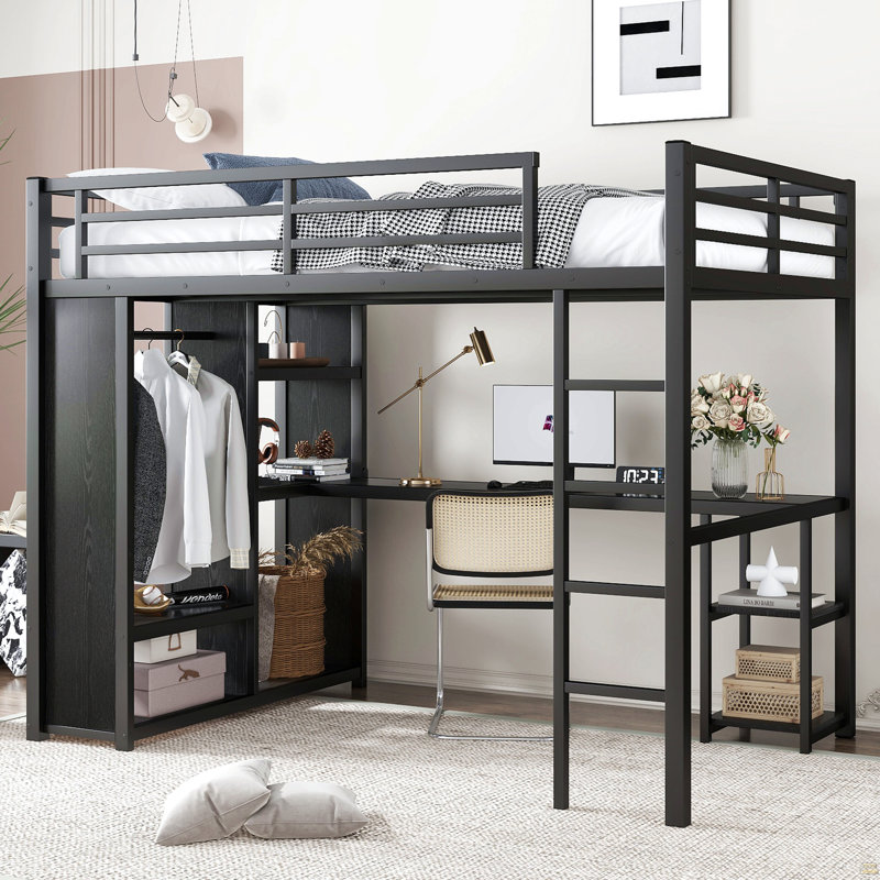 Structure de lit double pleine grandeur avec garde-robe intégrée, lit mezzanine en métal avec bureau et tablettes de rangement