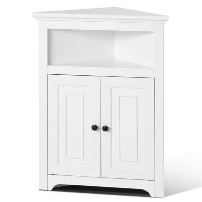 32" Corner Storage Cabinet, 3 Tiers Small Storage Cabinet With 2 Wooden Doors And Adjustable Shelves, Freestanding Corner Kitchen Cabinet For Living Room, Kitchen, Laundry Room, Bathroom, White
