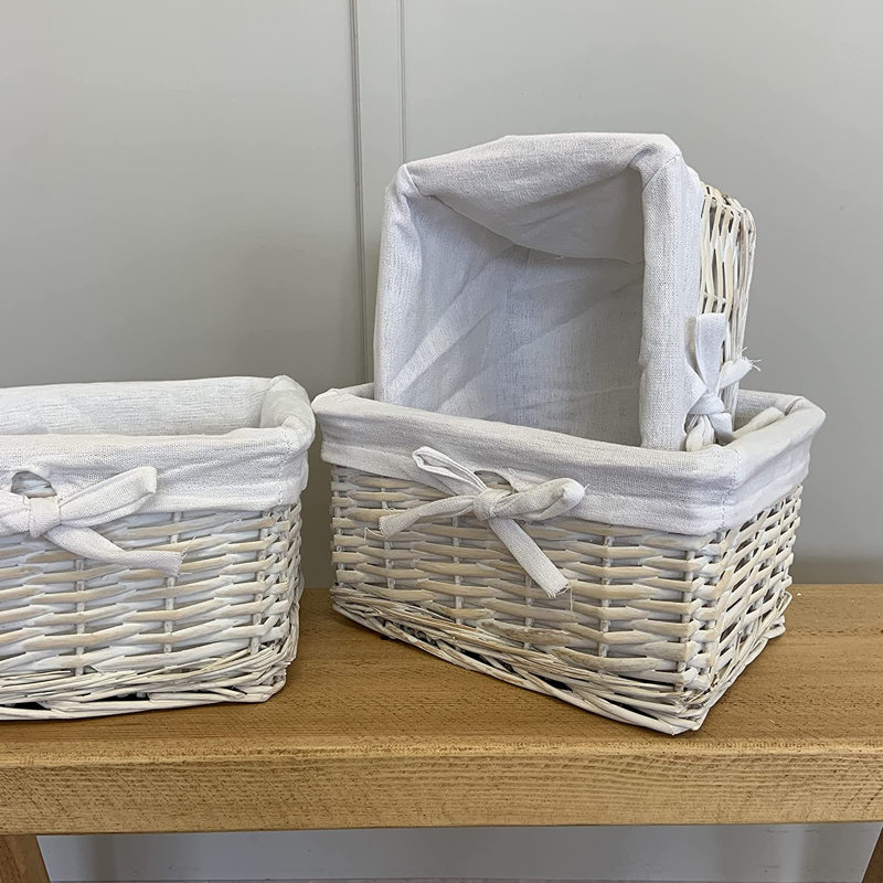Rectangular Wicker Storage Basket with Removable Lining, White Wash